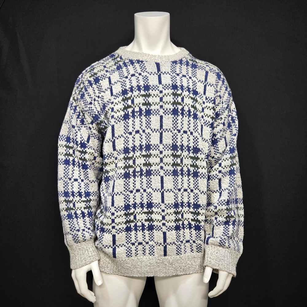 Vintage Cambridge Classics Sweater Large Blue Gray Plaid Cotton Preppy Grandpa